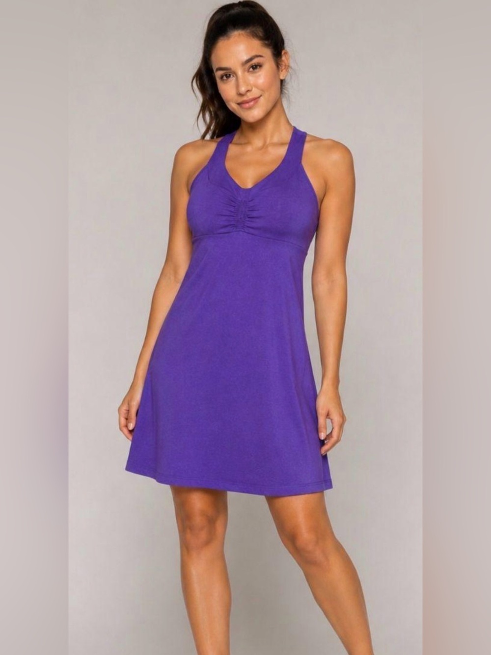 prAna Shauna Ultra Violet Ruched-Front Racerback Midi Dress